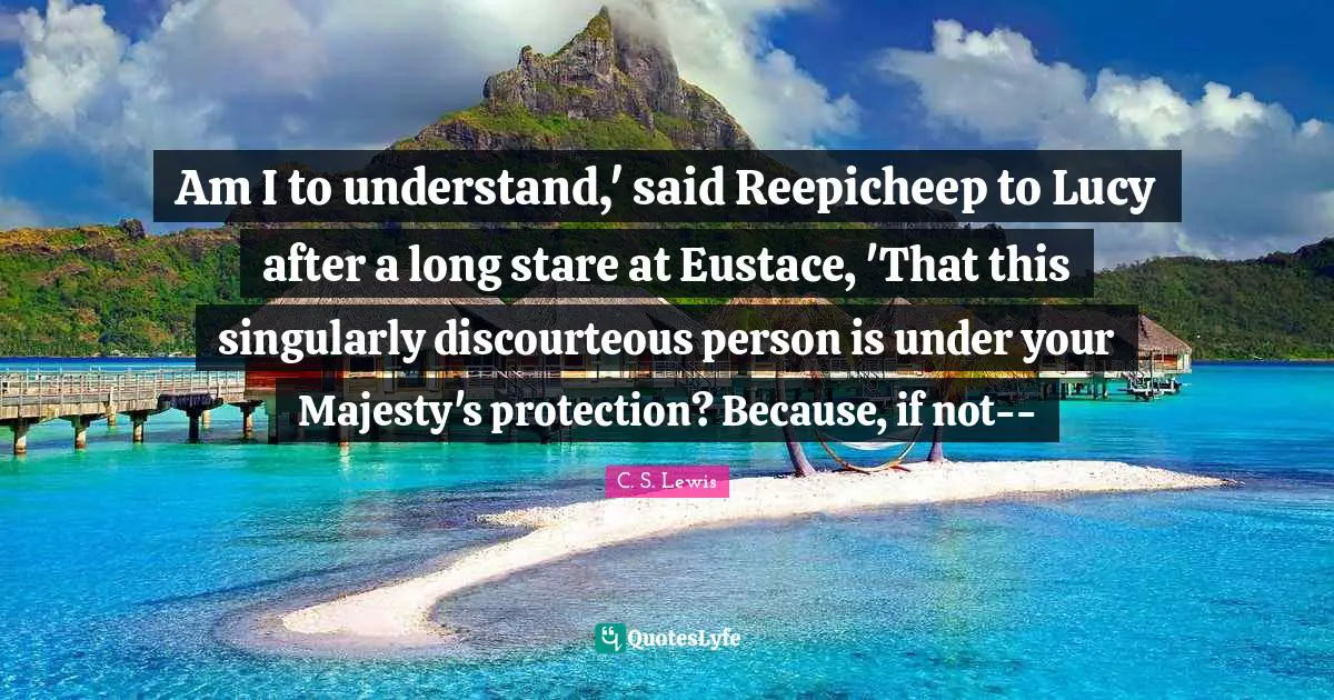 Am I to understand,' said Reepicheep to Lucy after a long stare at Eustace, 'That this singularly discourteous person is under your Majesty's protection? Because, if not--