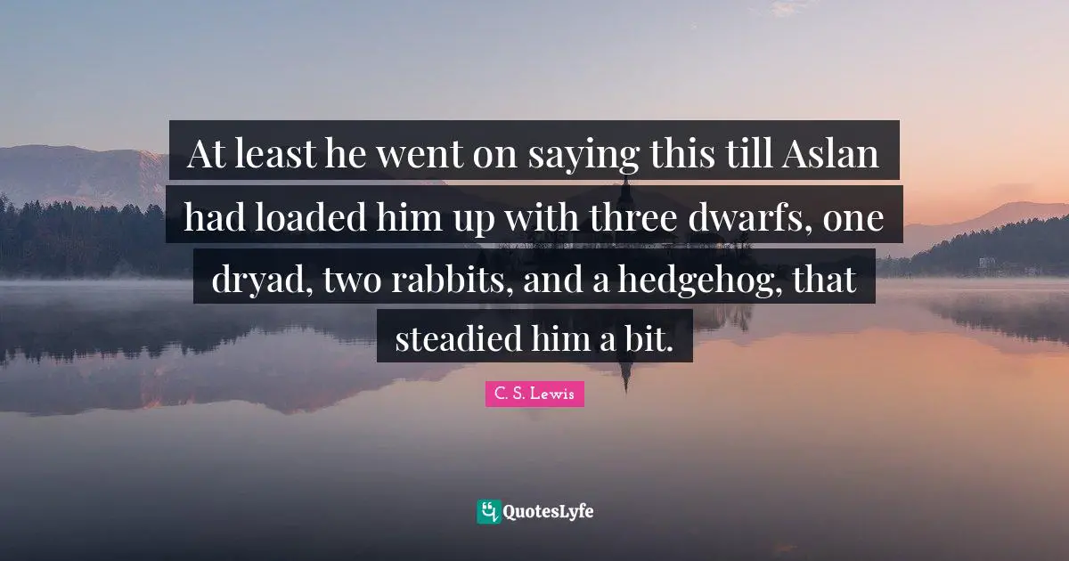 At least he went on saying this till Aslan had loaded him up with three dwarfs, one dryad, two rabbits, and a hedgehog, that steadied him a bit.