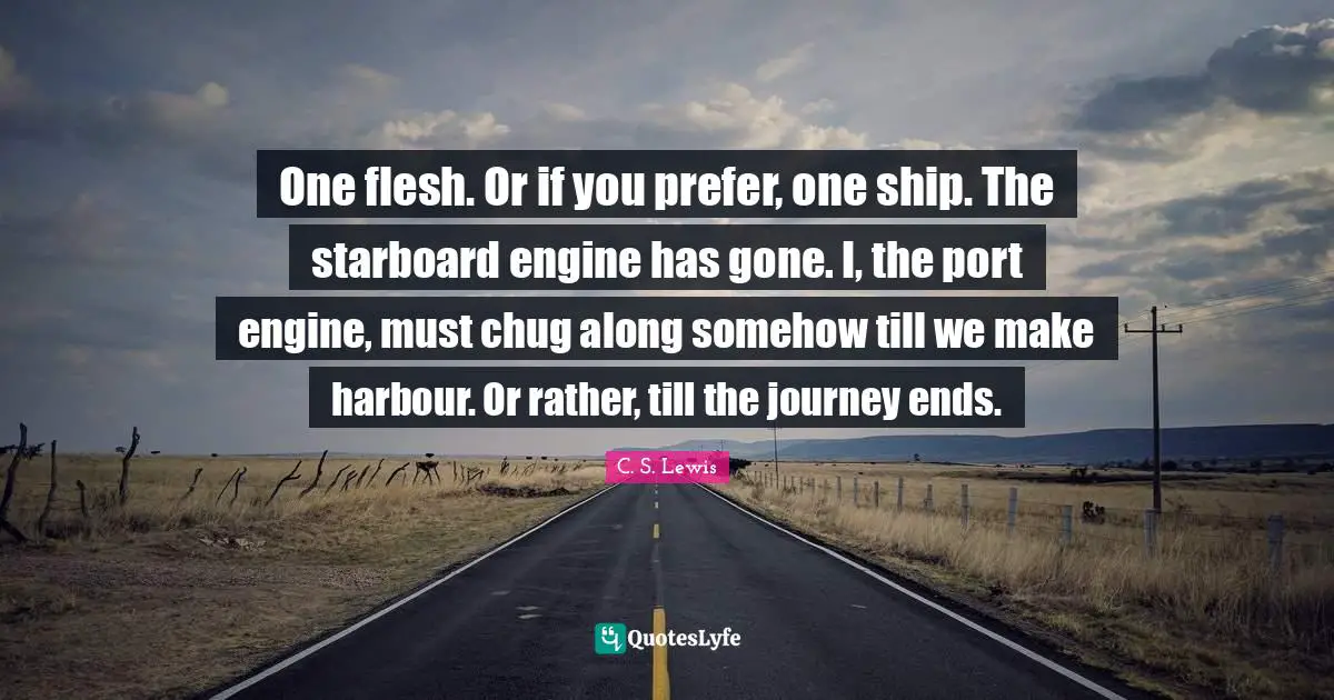 One flesh. Or if you prefer, one ship. The starboard engine has gone. I, the port engine, must chug along somehow till we make harbour. Or rather, till the journey ends.