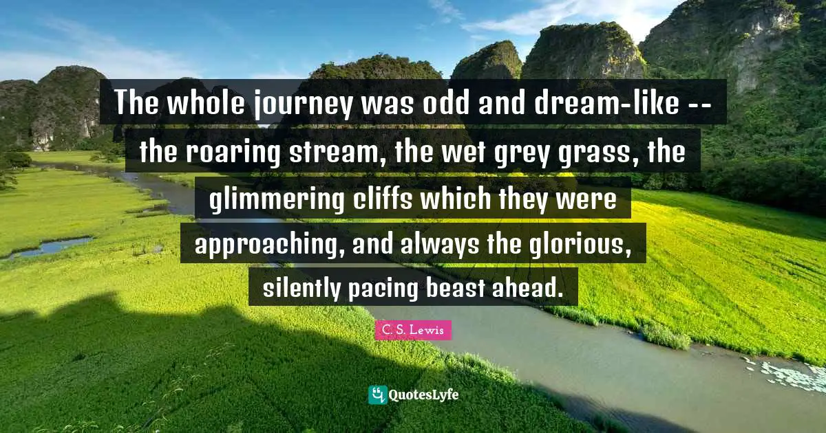 The whole journey was odd and dream-like -- the roaring stream, the wet grey grass, the glimmering cliffs which they were approaching, and always the glorious, silently pacing beast ahead.