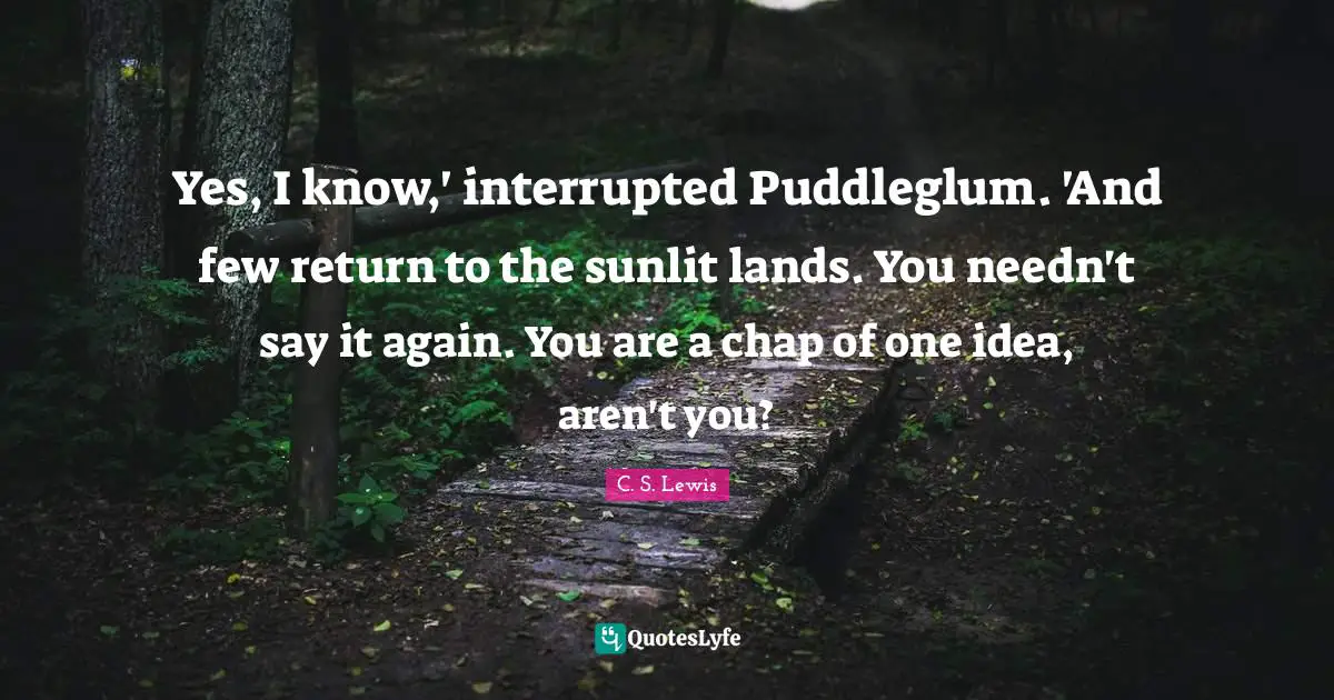Interrupted Quotes: "Yes, I know,' interrupted Puddleglum. 'And few return to the sunlit lands. You needn't say it again. You are a chap of one idea, aren't you?"