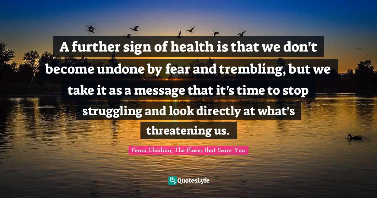A further sign of health is that we don't become undone by fear and trembling, but we take it as a message that it's time to stop struggling and look directly at what's threatening us.