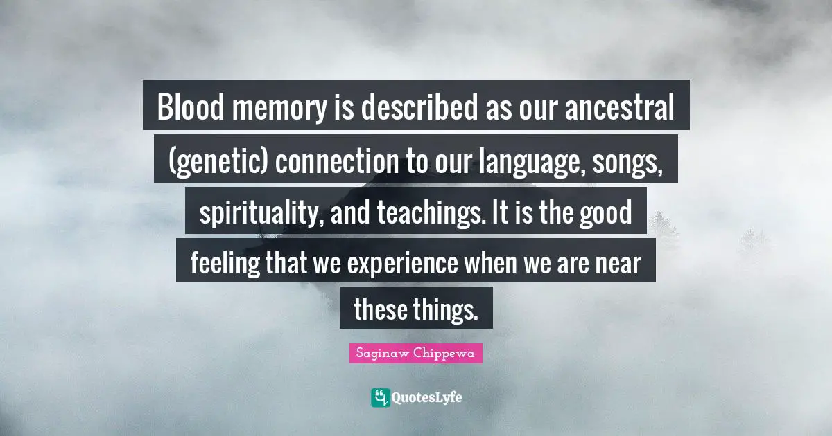 Blood memory is described as our ancestral (genetic) connection to our language, songs, spirituality, and teachings. It is the good feeling that we experience when we are near these things.