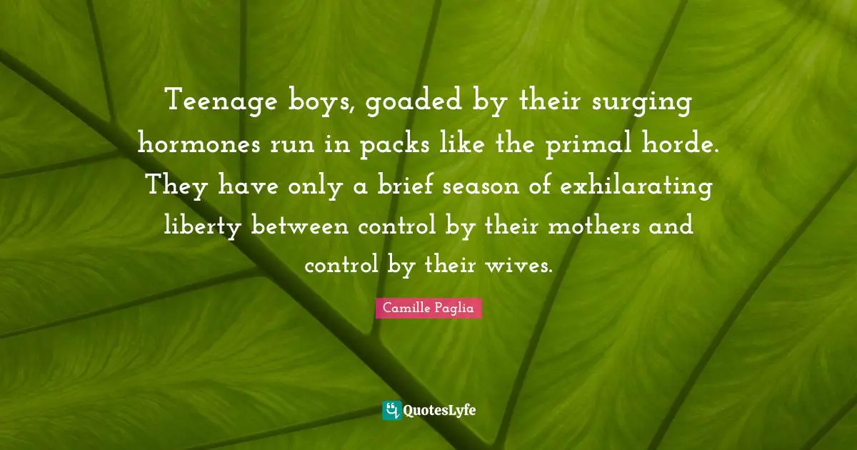 Exhilarating Quotes: "Teenage boys, goaded by their surging hormones run in packs like the primal horde. They have only a brief season of exhilarating liberty between control by their mothers and control by their wives."