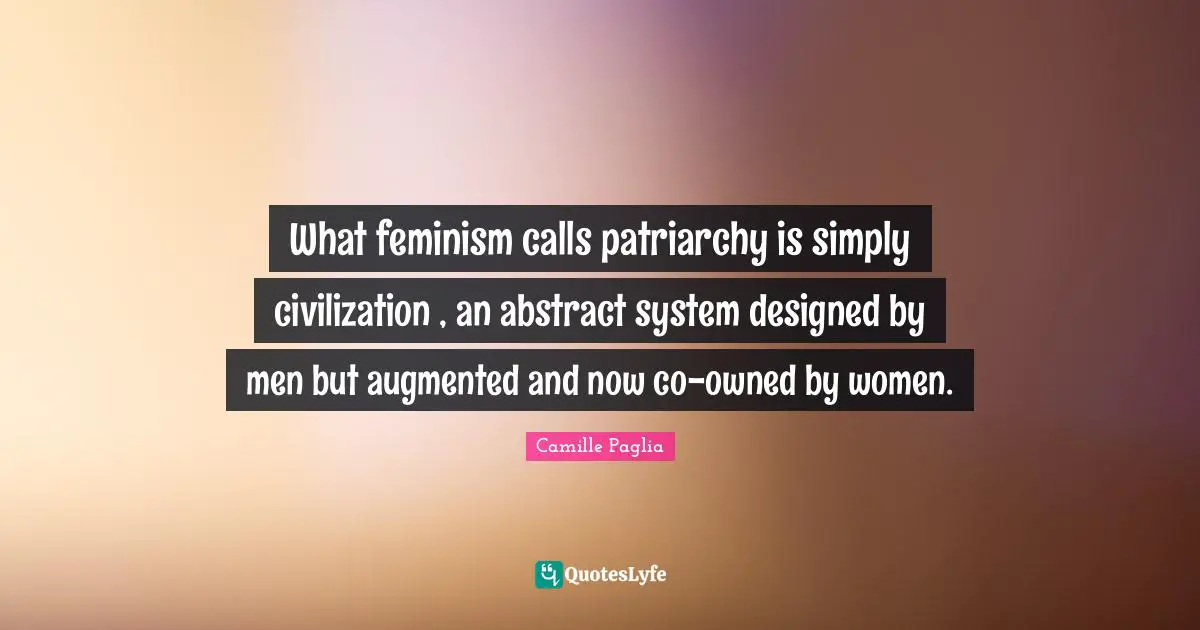What feminism calls patriarchy is simply civilization , an abstract system designed by men but augmented and now co-owned by women.