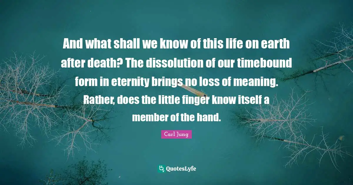 And what shall we know of this life on earth after death? The dissolution of our timebound form in eternity brings no loss of meaning. Rather, does the little finger know itself a member of the hand.