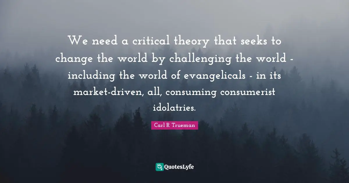 We need a critical theory that seeks to change the world by challenging the world - including the world of evangelicals - in its market-driven, all, consuming consumerist idolatries.
