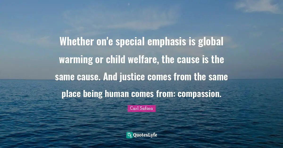Whether on'e special emphasis is global warming or child welfare, the cause is the same cause. And justice comes from the same place being human comes from: compassion.