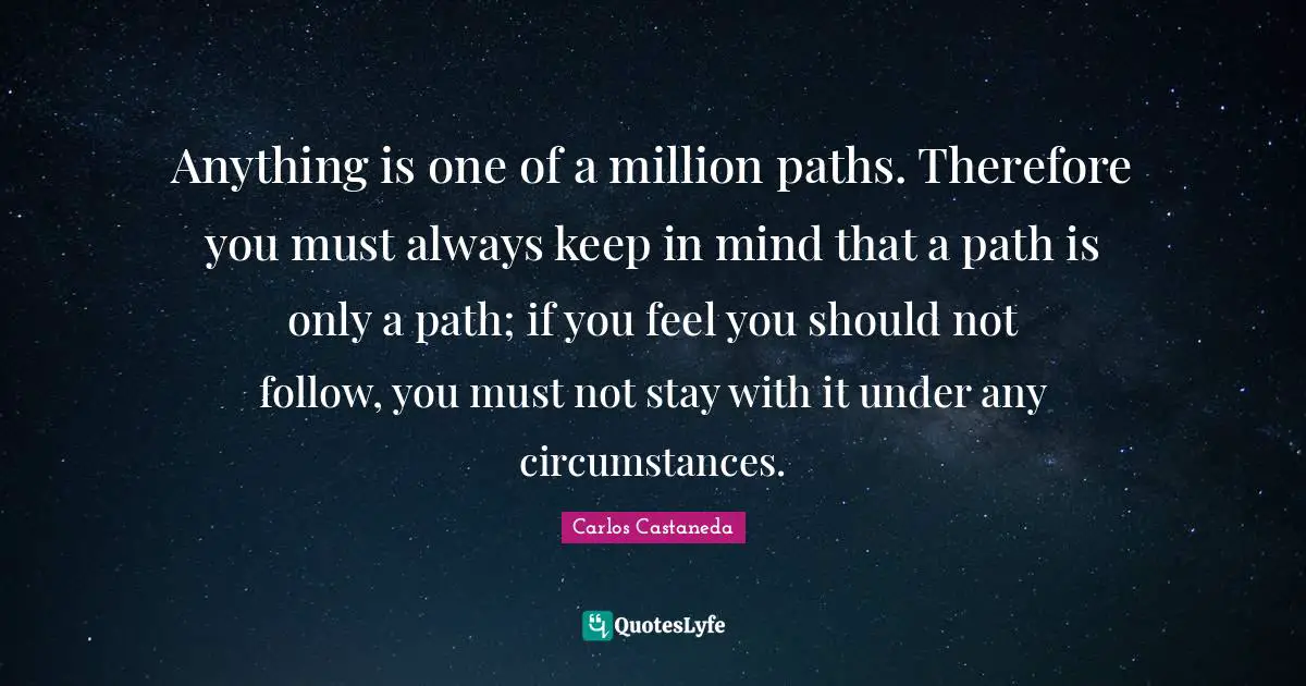 Anything is one of a million paths. Therefore you must always keep in mind that a path is only a path; if you feel you should not follow, you must not stay with it under any circumstances.