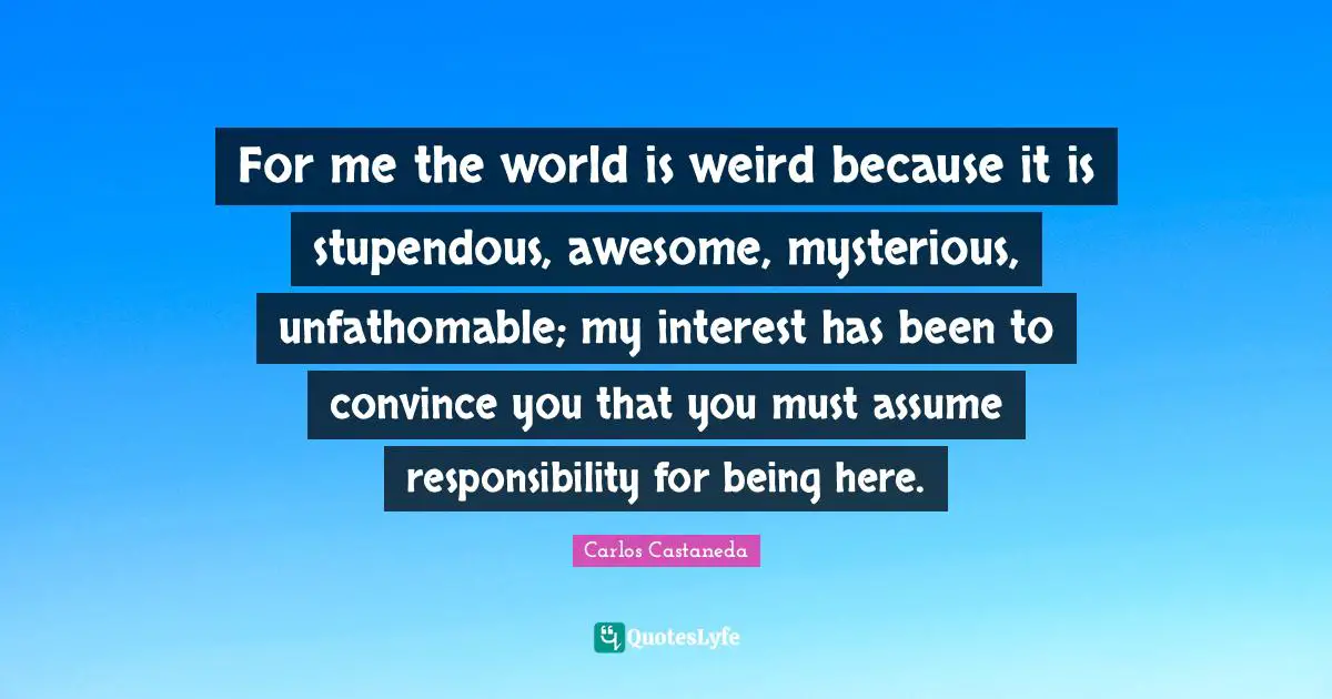 For me the world is weird because it is stupendous, awesome, mysterious, unfathomable; my interest has been to convince you that you must assume responsibility for being here.