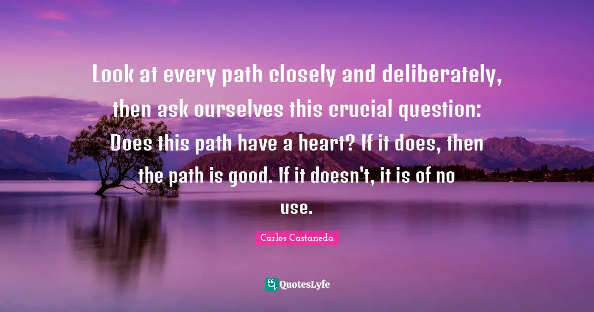 Look at every path closely and deliberately, then ask ourselves this crucial question: Does this path have a heart? If it does, then the path is good. If it doesn't, it is of no use.