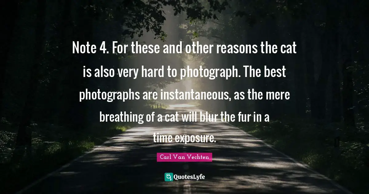 Note 4. For these and other reasons the cat is also very hard to photograph. The best photographs are instantaneous, as the mere breathing of a cat will blur the fur in a time exposure.