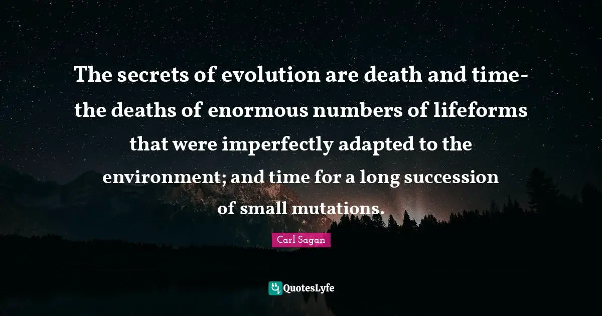 The secrets of evolution are death and time-the deaths of enormous numbers of lifeforms that were imperfectly adapted to the environment; and time for a long succession of small mutations.