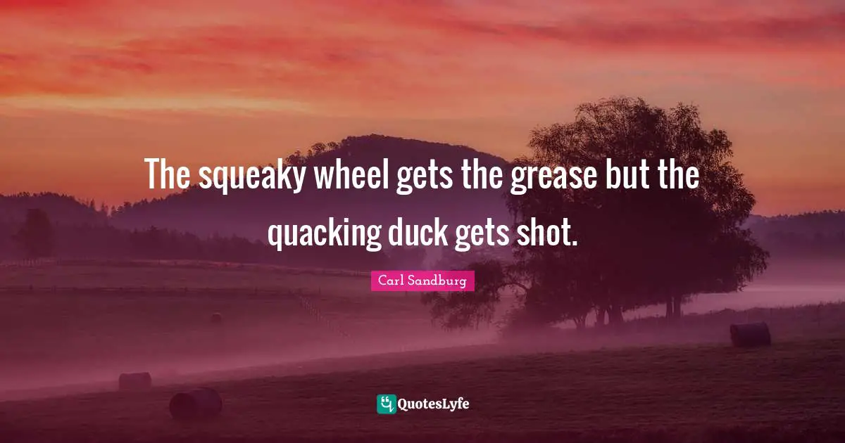 Carl Sandburg Quotes: "The squeaky wheel gets the grease but the quacking duck gets shot."