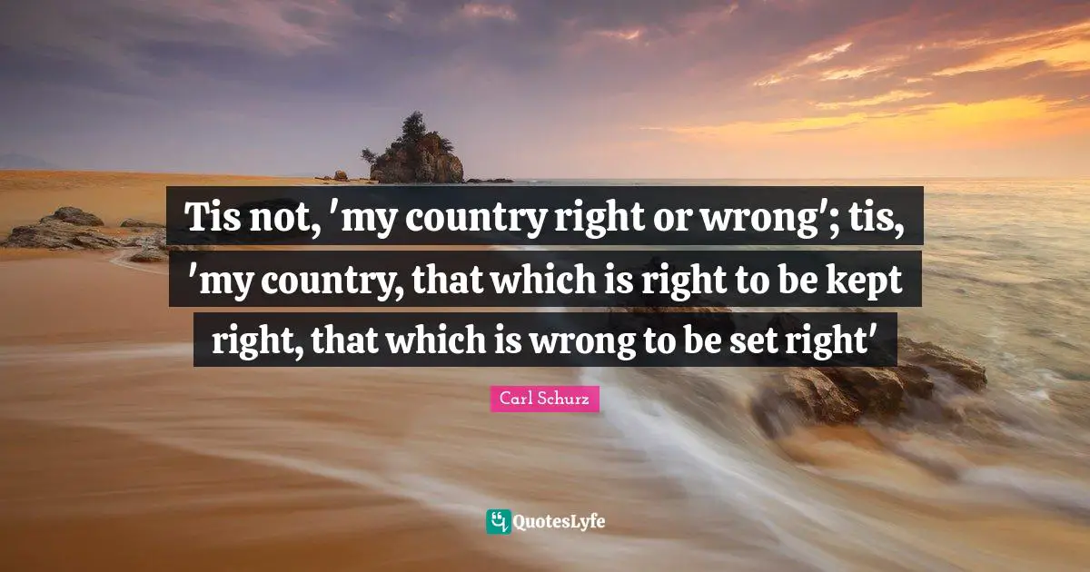 Tis not, 'my country right or wrong'; tis, 'my country, that which is right to be kept right, that which is wrong to be set right'