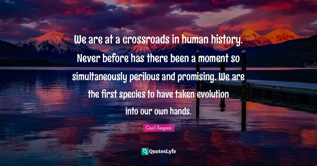 We are at a crossroads in human history. Never before has there been a moment so simultaneously perilous and promising. We are the first species to have taken evolution into our own hands.