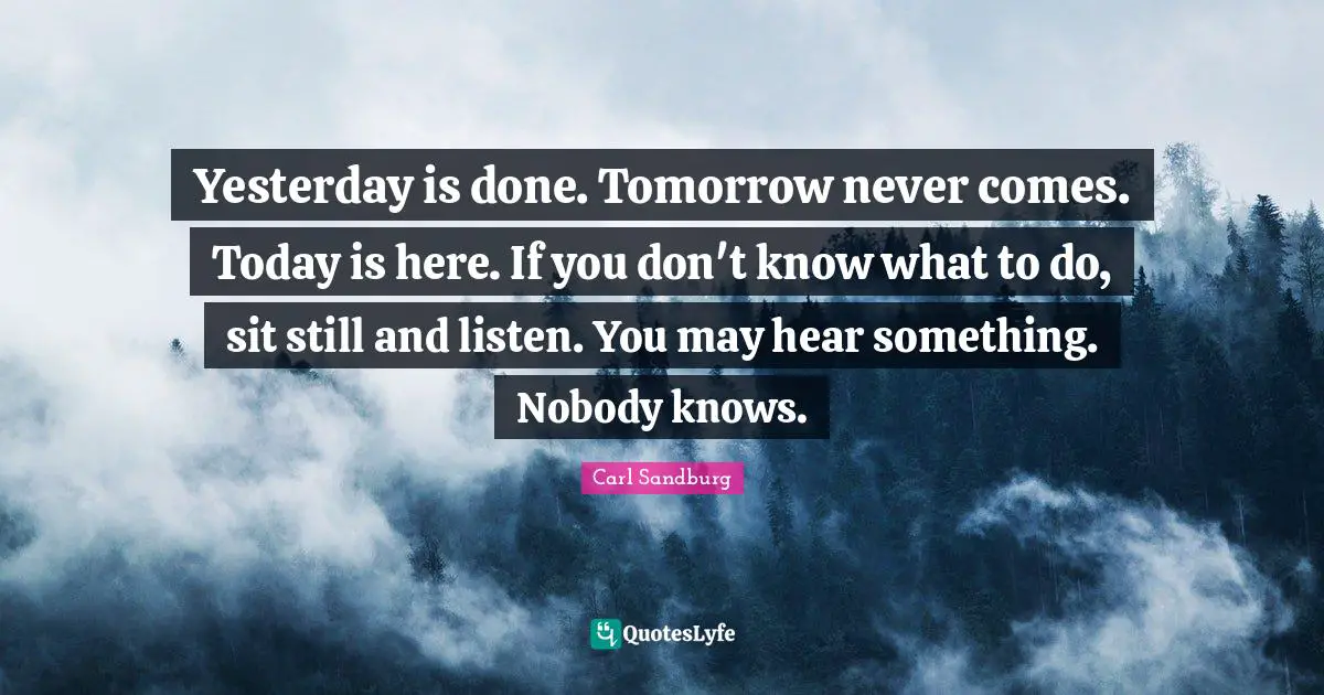 Yesterday is done. Tomorrow never comes. Today is here. If you don't know what to do, sit still and listen. You may hear something. Nobody knows.