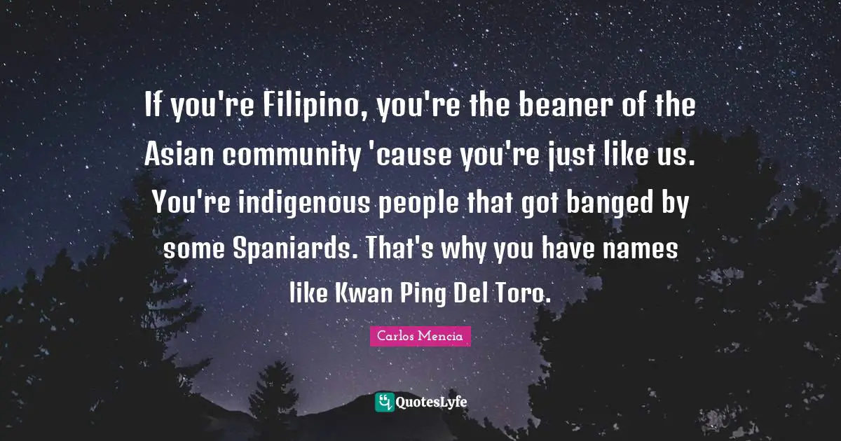 If you're Filipino, you're the beaner of the Asian community 'cause you're just like us. You're indigenous people that got banged by some Spaniards. That's why you have names like Kwan Ping Del Toro.