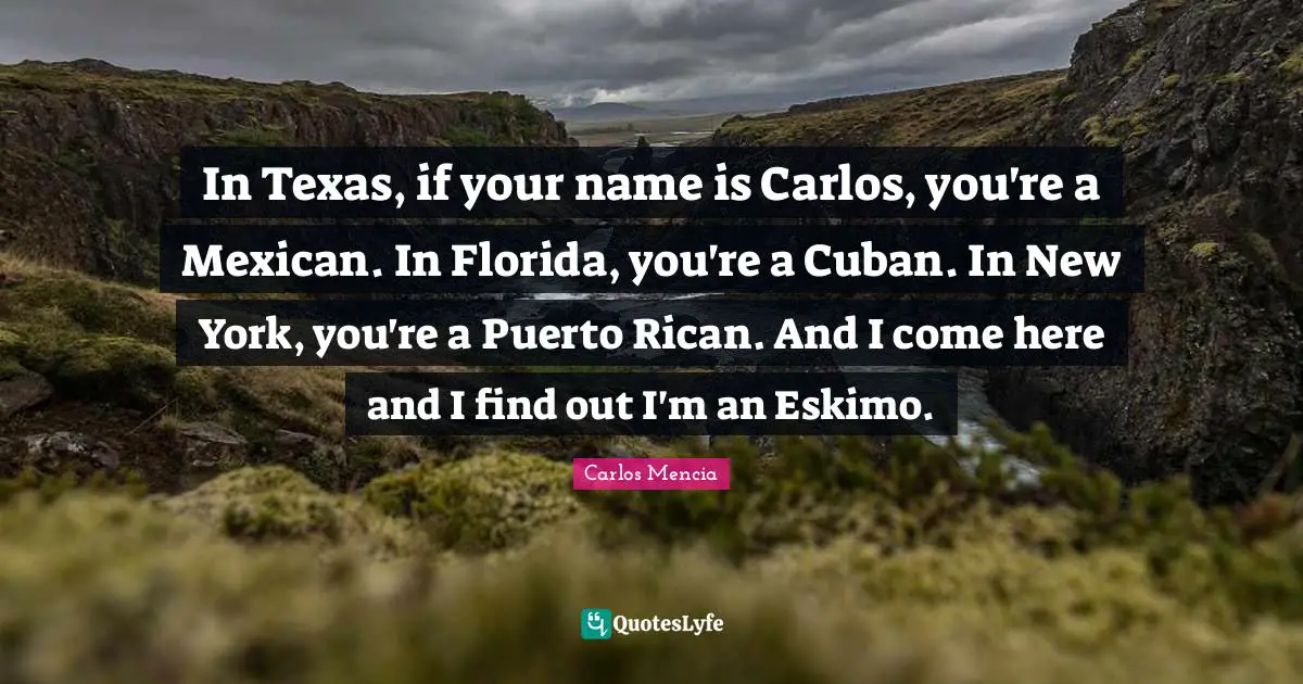 In Texas, if your name is Carlos, you're a Mexican. In Florida, you're a Cuban. In New York, you're a Puerto Rican. And I come here and I find out I'm an Eskimo.