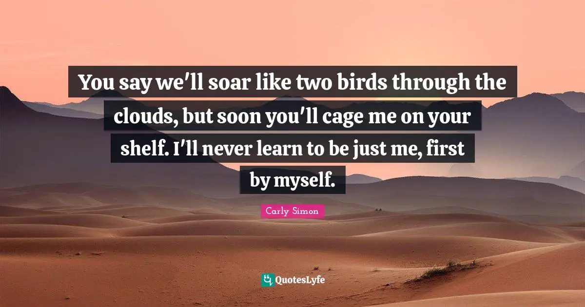 You say we'll soar like two birds through the clouds, but soon you'll cage me on your shelf. I'll never learn to be just me, first by myself.