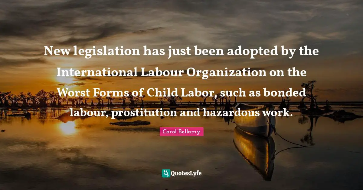 New legislation has just been adopted by the International Labour Organization on the Worst Forms of Child Labor, such as bonded labour, prostitution and hazardous work.