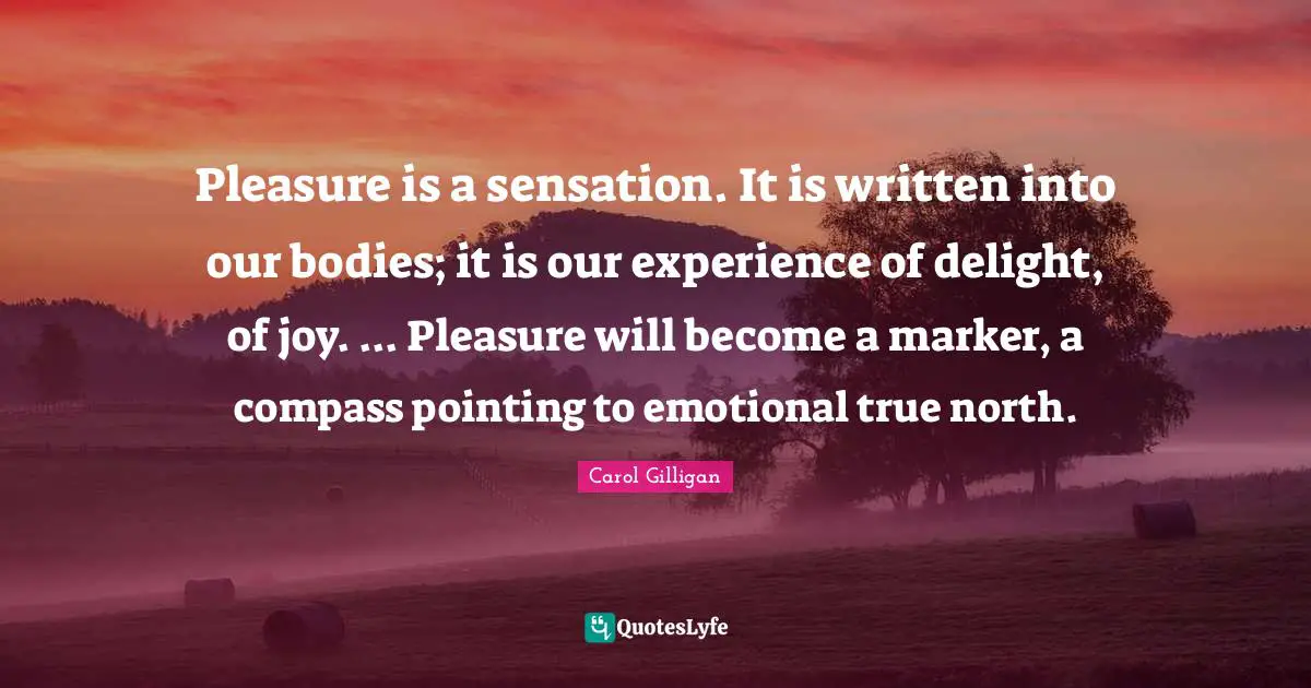 Pleasure is a sensation. It is written into our bodies; it is our experience of delight, of joy. ... Pleasure will become a marker, a compass pointing to emotional true north.