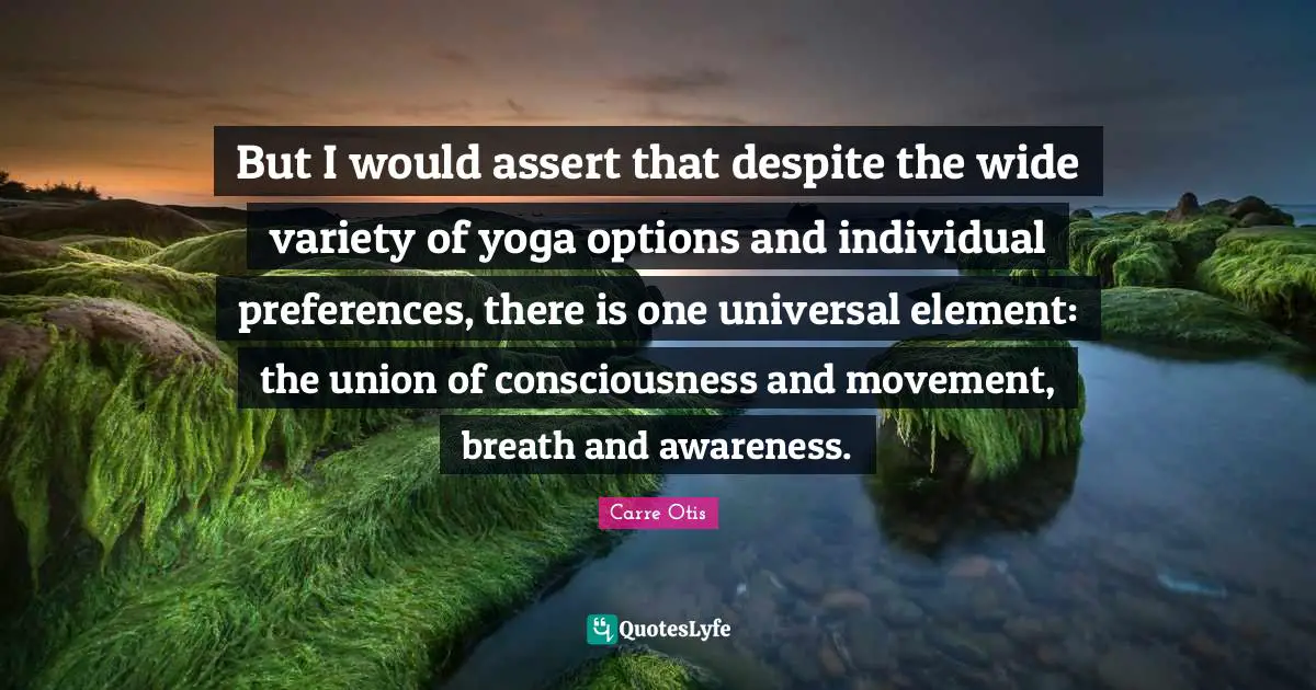 But I would assert that despite the wide variety of yoga options and individual preferences, there is one universal element: the union of consciousness and movement, breath and awareness.