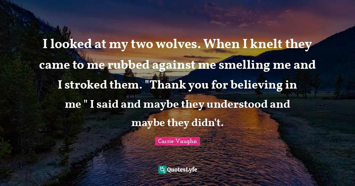 I looked at my two wolves. When I knelt they came to me rubbed against me smelling me and I stroked them. "Thank you for believing in me " I said and maybe they understood and maybe they didn't.