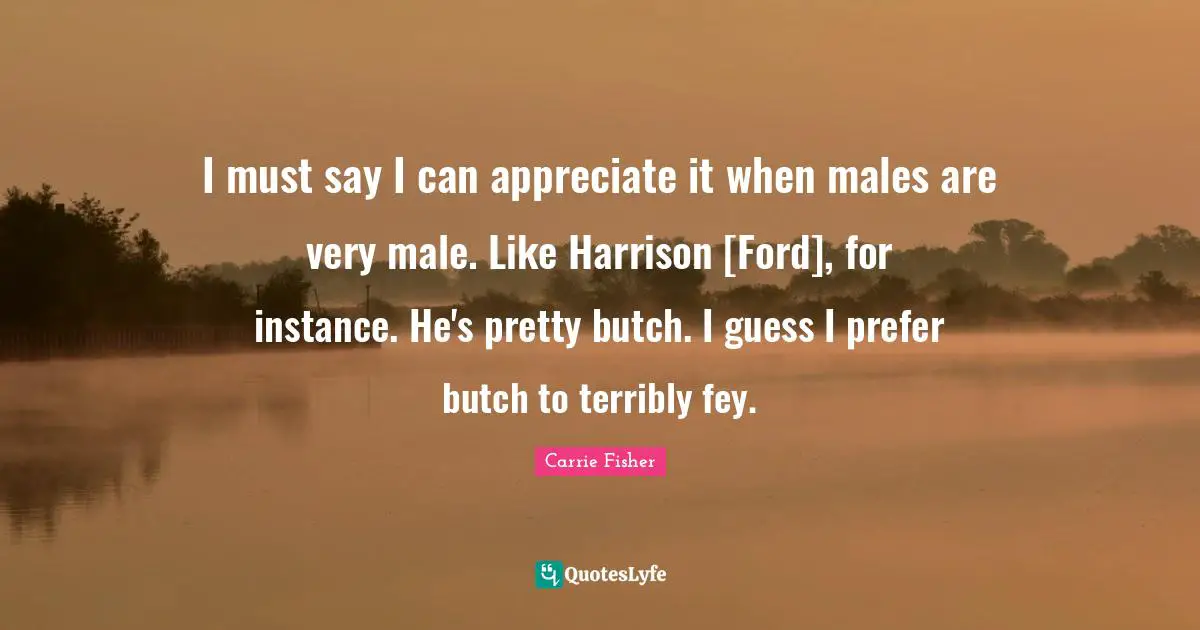 I must say I can appreciate it when males are very male. Like Harrison [Ford], for instance. He's pretty butch. I guess I prefer butch to terribly fey.