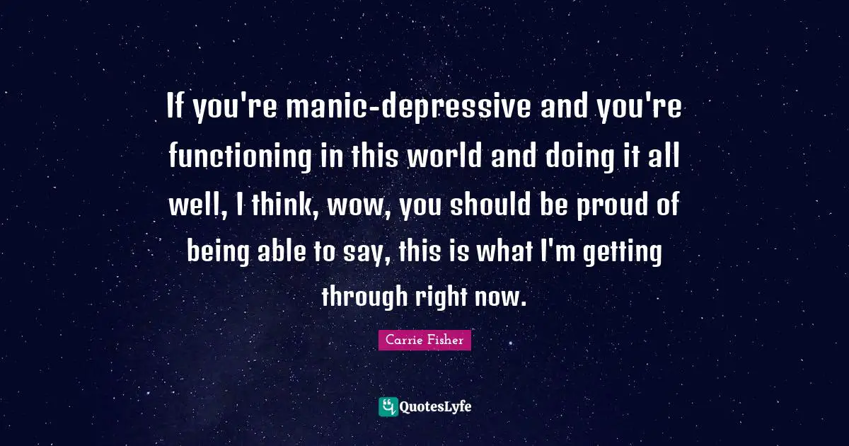 If you're manic-depressive and you're functioning in this world and doing it all well, I think, wow, you should be proud of being able to say, this is what I'm getting through right now.