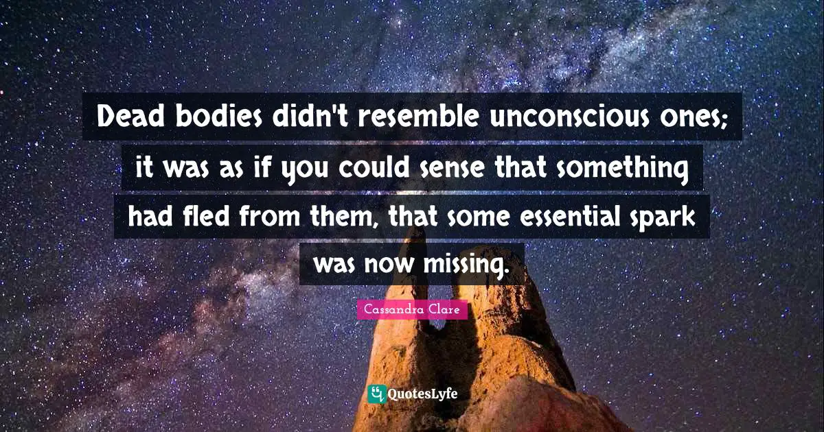Dead bodies didn't resemble unconscious ones; it was as if you could sense that something had fled from them, that some essential spark was now missing.