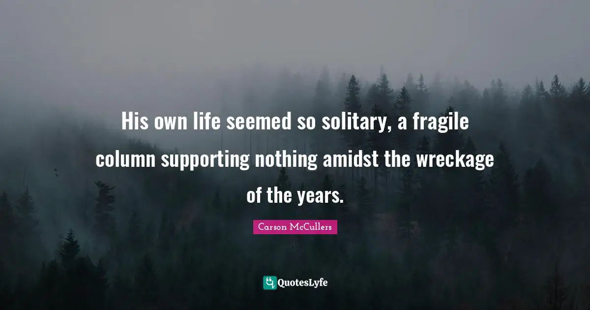 His own life seemed so solitary, a fragile column supporting nothing amidst the wreckage of the years.