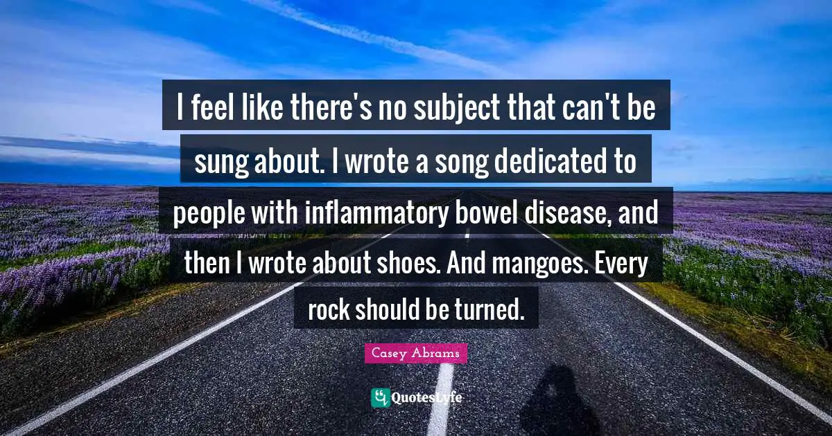 I feel like there's no subject that can't be sung about. I wrote a song dedicated to people with inflammatory bowel disease, and then I wrote about shoes. And mangoes. Every rock should be turned.
