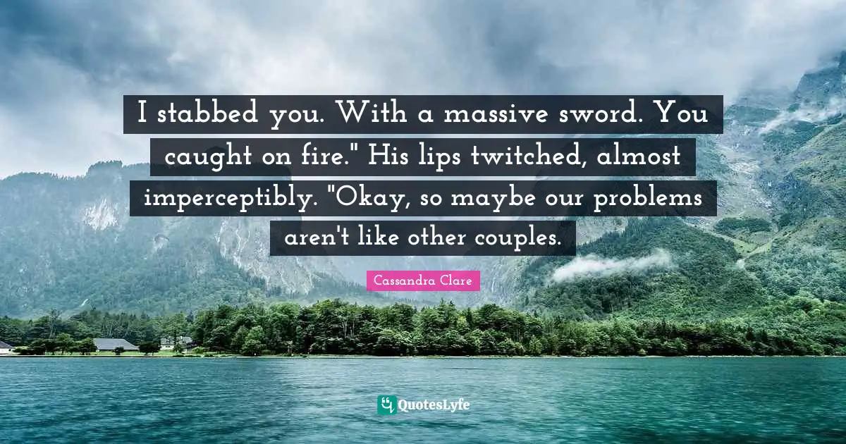 I stabbed you. With a massive sword. You caught on fire." His lips twitched, almost imperceptibly. "Okay, so maybe our problems aren't like other couples.
