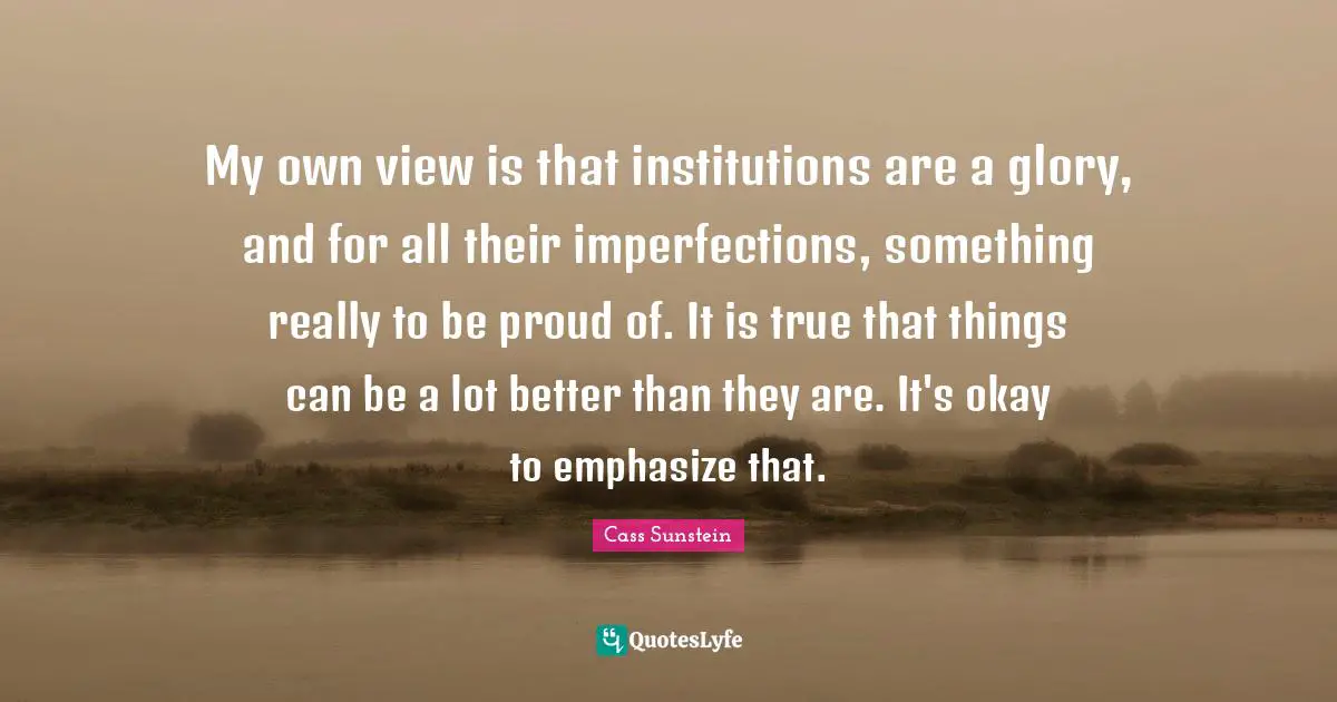 My own view is that institutions are a glory, and for all their imperfections, something really to be proud of. It is true that things can be a lot better than they are. It's okay to emphasize that.
