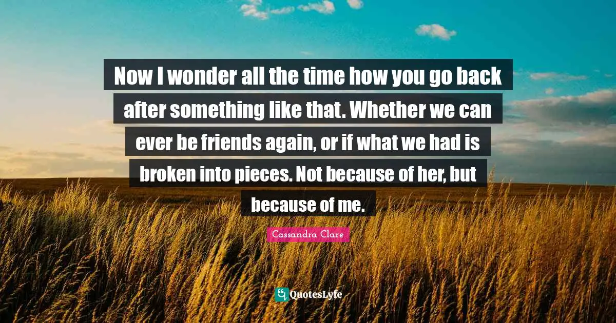 Now I wonder all the time how you go back after something like that. Whether we can ever be friends again, or if what we had is broken into pieces. Not because of her, but because of me.