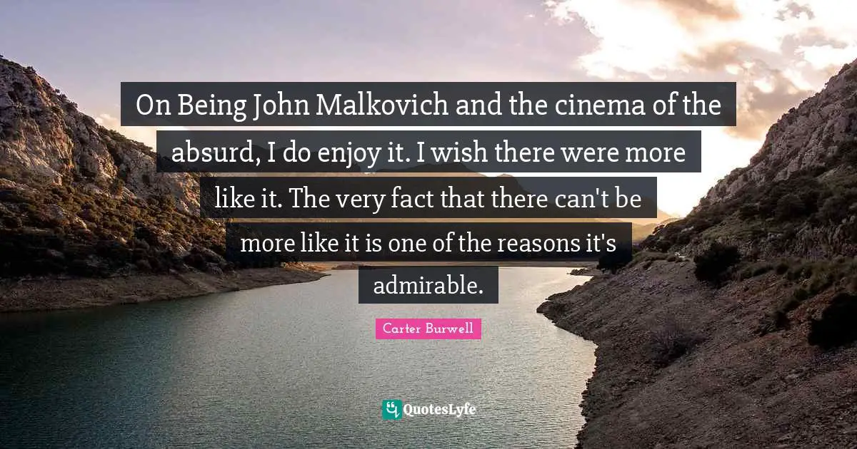 On Being John Malkovich and the cinema of the absurd, I do enjoy it. I wish there were more like it. The very fact that there can't be more like it is one of the reasons it's admirable.