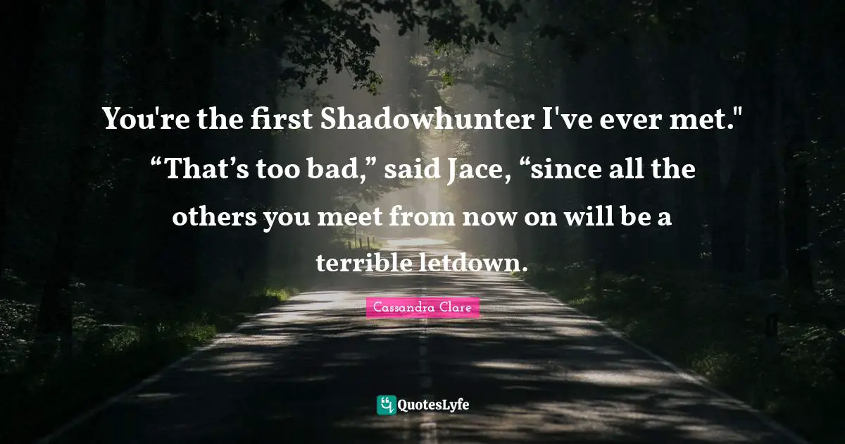 Jace Quotes: "You're the first Shadowhunter I've ever met." “That’s too bad,” said Jace, “since all the others you meet from now on will be a terrible letdown."