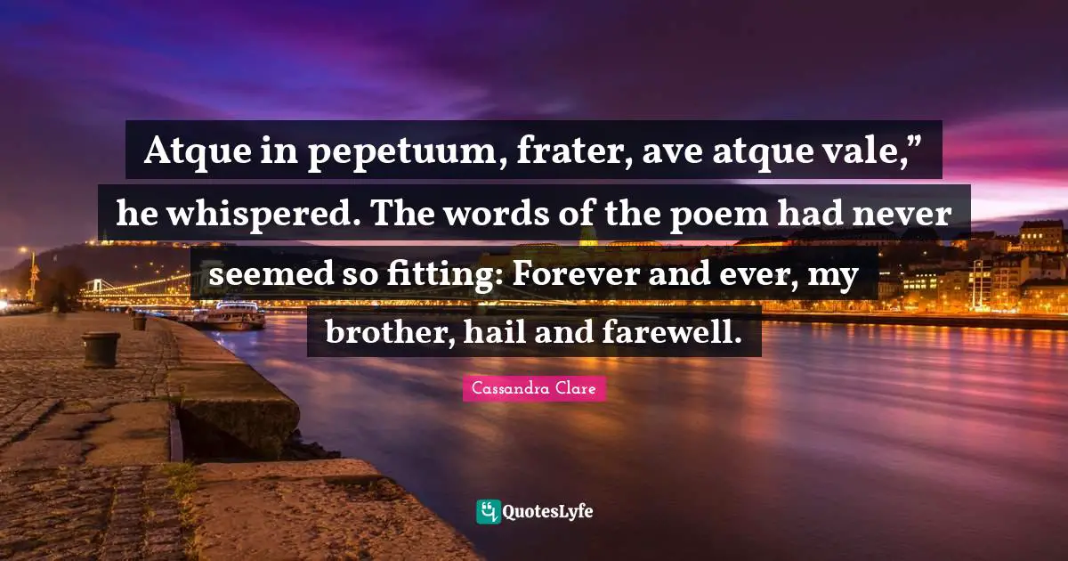 Atque in pepetuum, frater, ave atque vale,” he whispered. The words of the poem had never seemed so fitting: Forever and ever, my brother, hail and farewell.