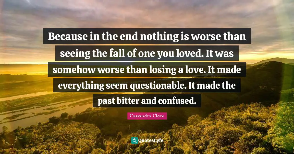 Because in the end nothing is worse than seeing the fall of one you loved. It was somehow worse than losing a love. It made everything seem questionable. It made the past bitter and confused.