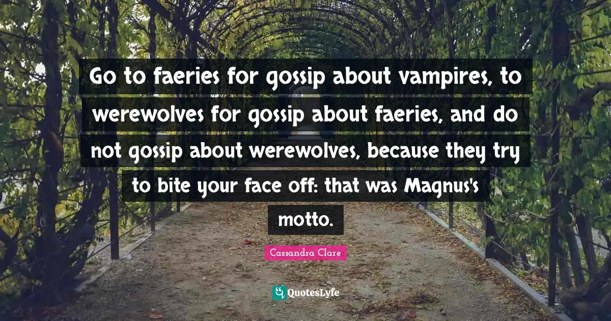 Go to faeries for gossip about vampires, to werewolves for gossip about faeries, and do not gossip about werewolves, because they try to bite your face off: that was Magnus's motto.
