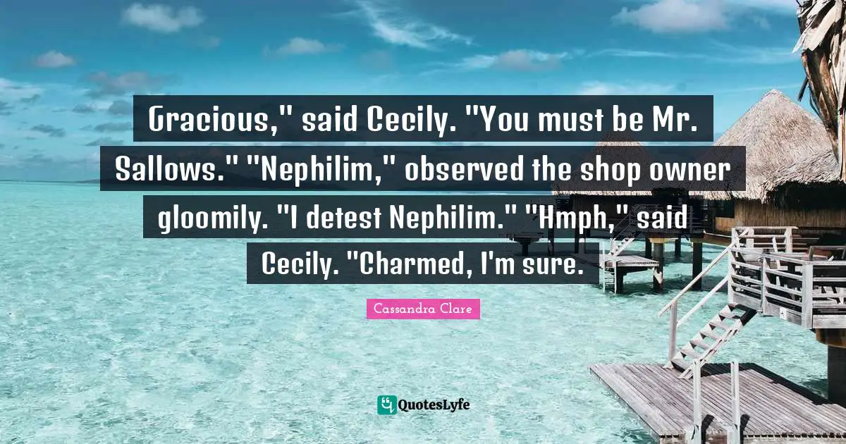 Gracious," said Cecily. "You must be Mr. Sallows." "Nephilim," observed the shop owner gloomily. "I detest Nephilim." "Hmph," said Cecily. "Charmed, I'm sure.