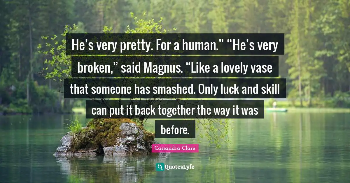 Back Together Quotes: "He’s very pretty. For a human.” “He’s very broken,” said Magnus. “Like a lovely vase that someone has smashed. Only luck and skill can put it back together the way it was before."