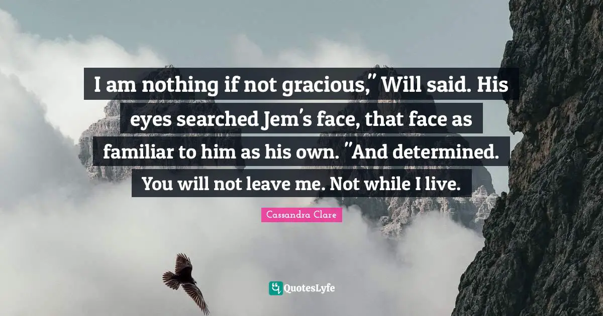 I am nothing if not gracious," Will said. His eyes searched Jem's face, that face as familiar to him as his own. "And determined. You will not leave me. Not while I live.