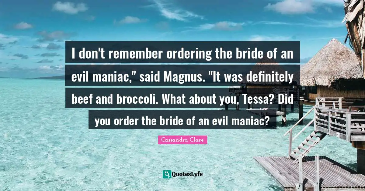 I don't remember ordering the bride of an evil maniac," said Magnus. "It was definitely beef and broccoli. What about you, Tessa? Did you order the bride of an evil maniac?