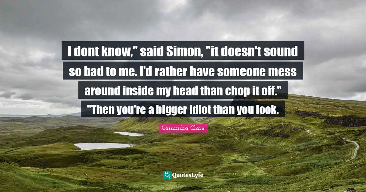 I dont know," said Simon, "it doesn't sound so bad to me. I'd rather have someone mess around inside my head than chop it off." "Then you're a bigger idiot than you look.