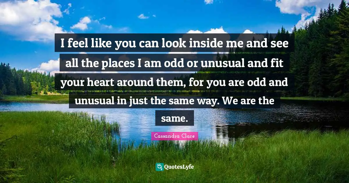 I feel like you can look inside me and see all the places I am odd or unusual and fit your heart around them, for you are odd and unusual in just the same way. We are the same.