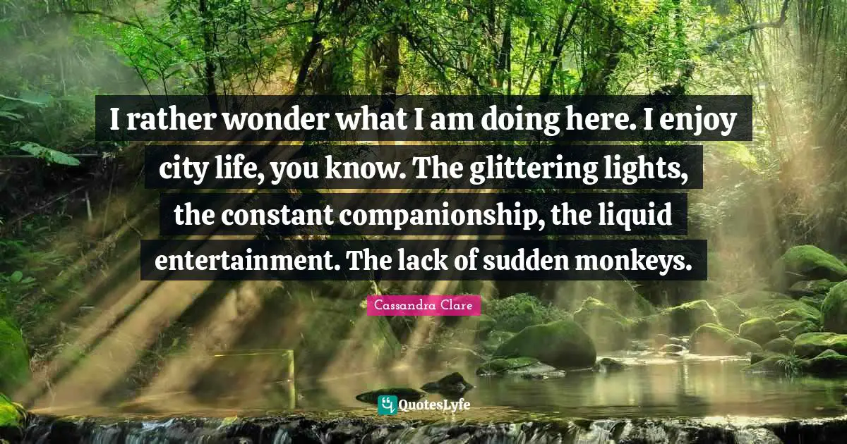 I rather wonder what I am doing here. I enjoy city life, you know. The glittering lights, the constant companionship, the liquid entertainment. The lack of sudden monkeys.