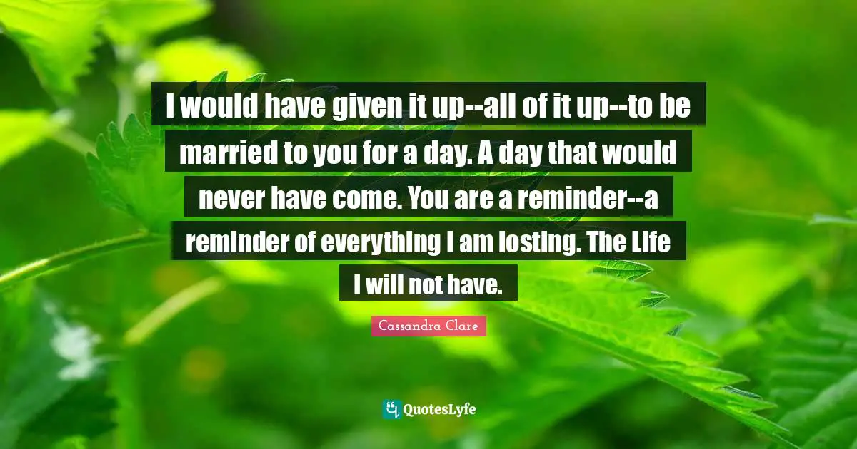 Reminders Quotes: "I would have given it up--all of it up--to be married to you for a day. A day that would never have come. You are a reminder--a reminder of everything I am losting. The Life I will not have."