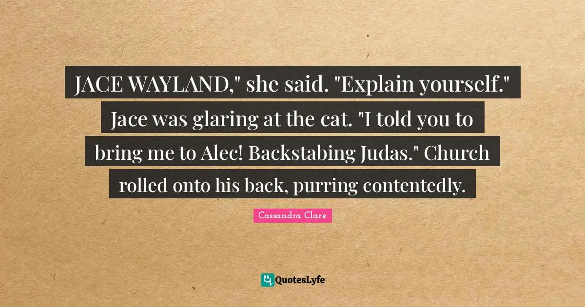 Explain Yourself Quotes: "JACE WAYLAND," she said. "Explain yourself." Jace was glaring at the cat. "I told you to bring me to Alec! Backstabing Judas." Church rolled onto his back, purring contentedly."